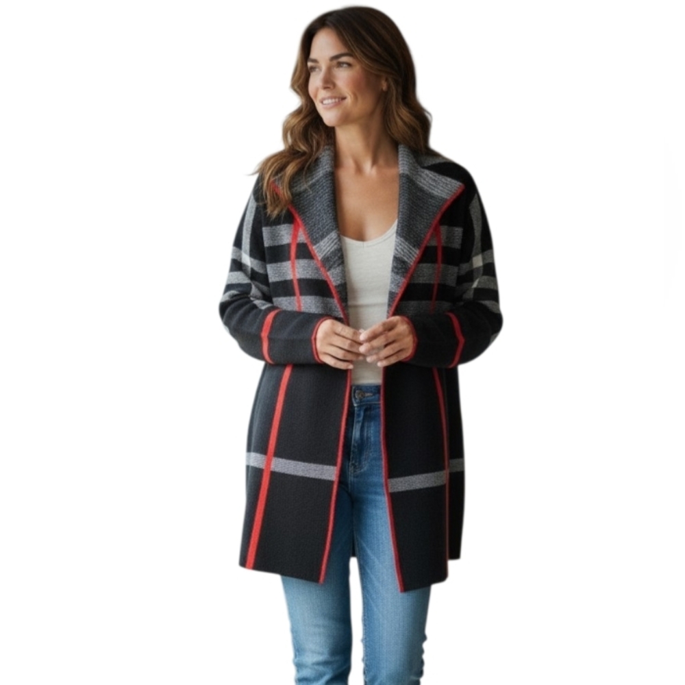 Alison Sheri Women's Open Cardigan Black Plaid Shawl Collar Size Large